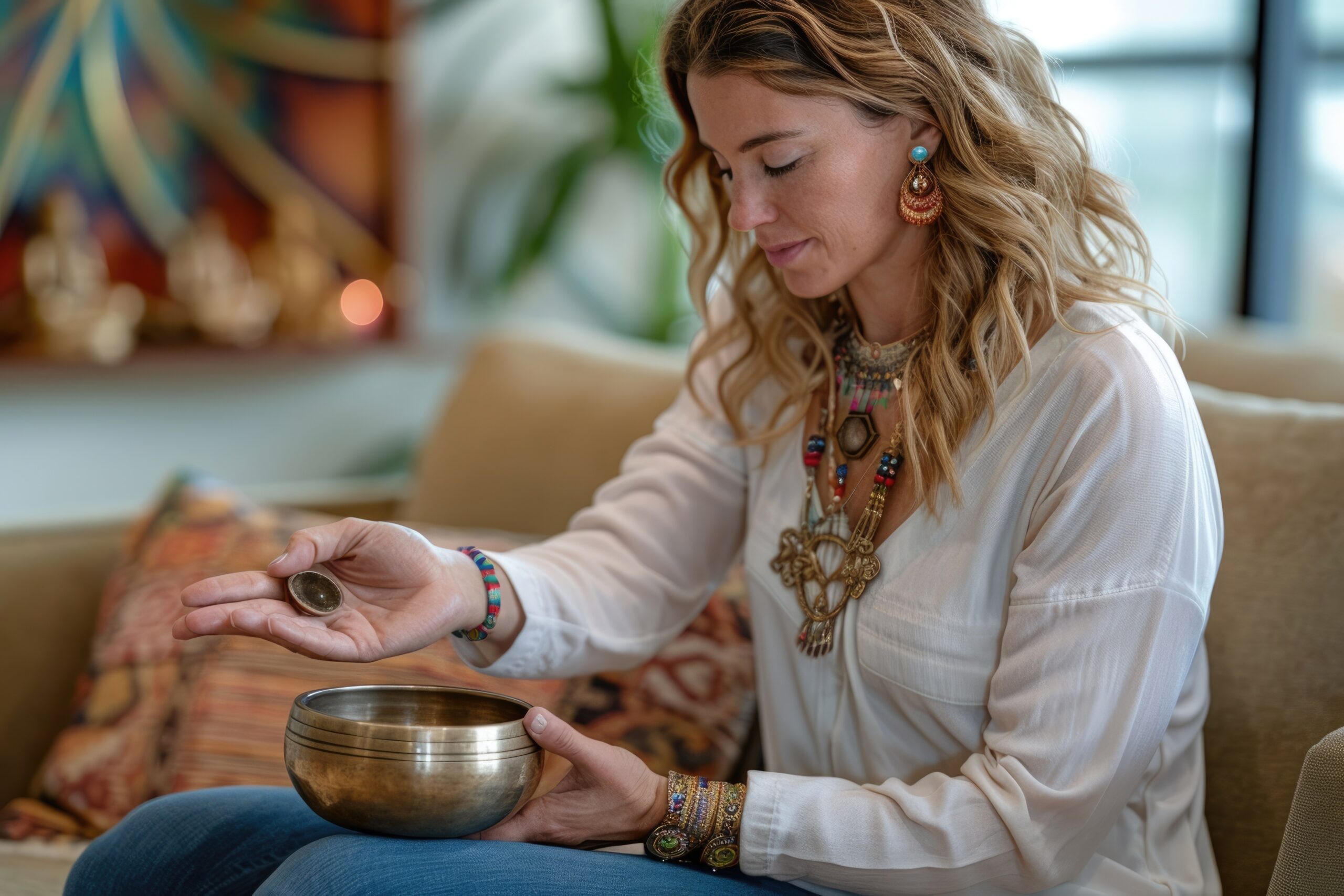 female-therapist-uses-tibetan-singing-bowl-sound-therapy-with-woman-couch